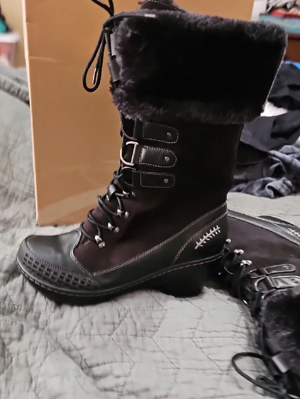 JBU Black Faux Fur Lace-Up Wedge Winter Boots